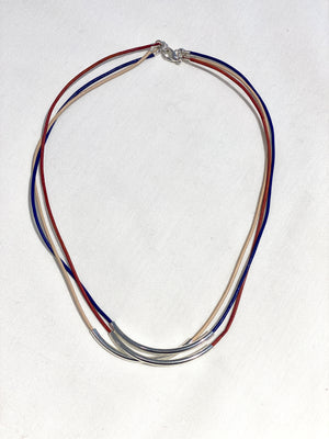 Leather Necklace with Navy Blue, Orange, Tan Strands and Silver Bars