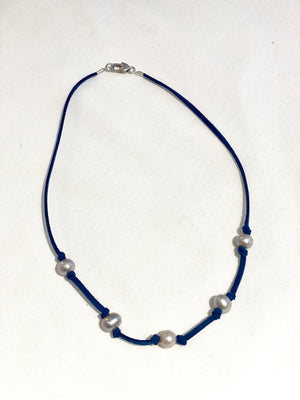 Pearl and Blue Knotted Leather Necklace