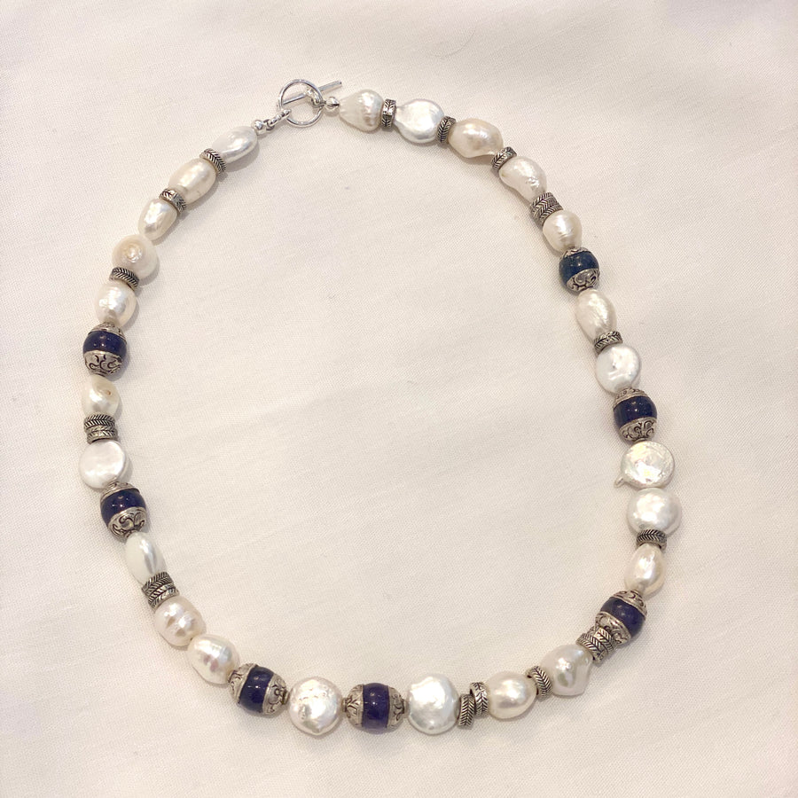 Pearl, Lapis and Silver Necklace
