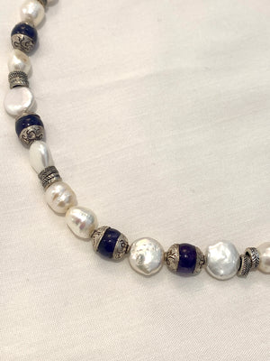 Pearl, Lapis and Silver Necklace