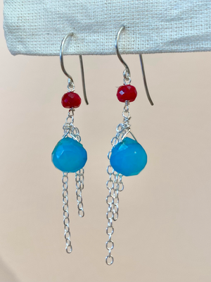 Blue and Red Faceted Crystal Silver Earrings