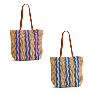 Straw Striped Tote Bag with Vegan Leather Handles