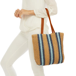 Straw Striped Tote Bag with Vegan Leather Handles