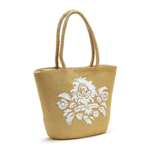 Woven Paper Tote Bag with Embroidered Floral Motif