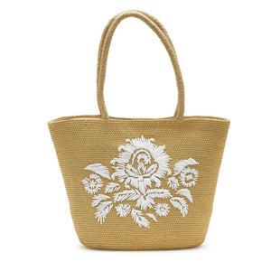 Woven Paper Tote Bag with Embroidered Floral Motif
