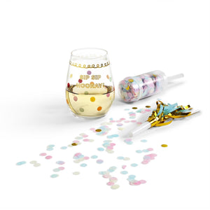 Sip Sip Hooray! Happy Birthday Stemless Glass with Confetti Popper and Noise Maker