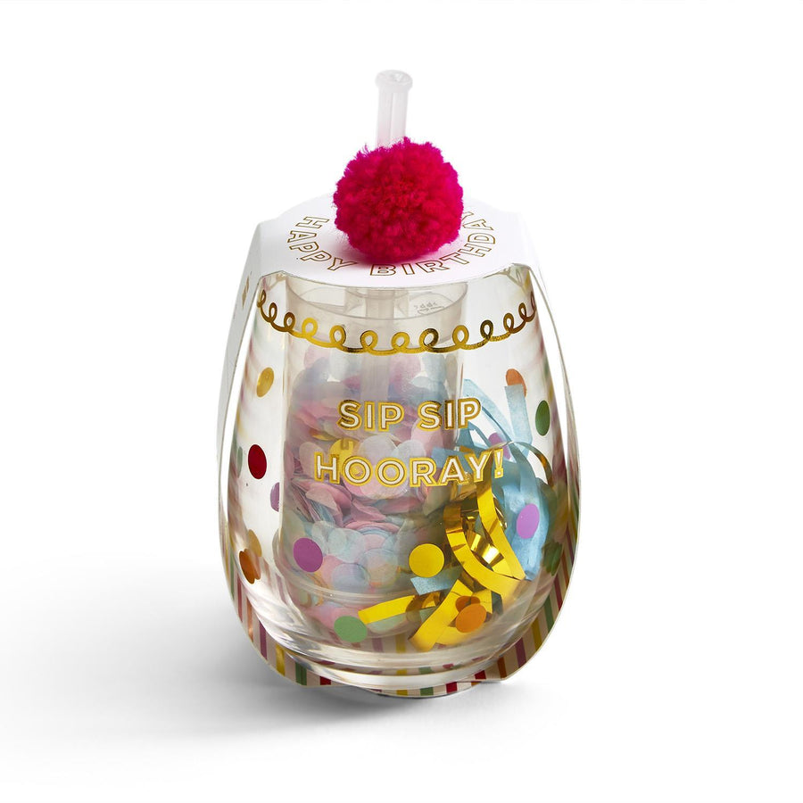 Sip Sip Hooray! Happy Birthday Stemless Glass with Confetti Popper and Noise Maker