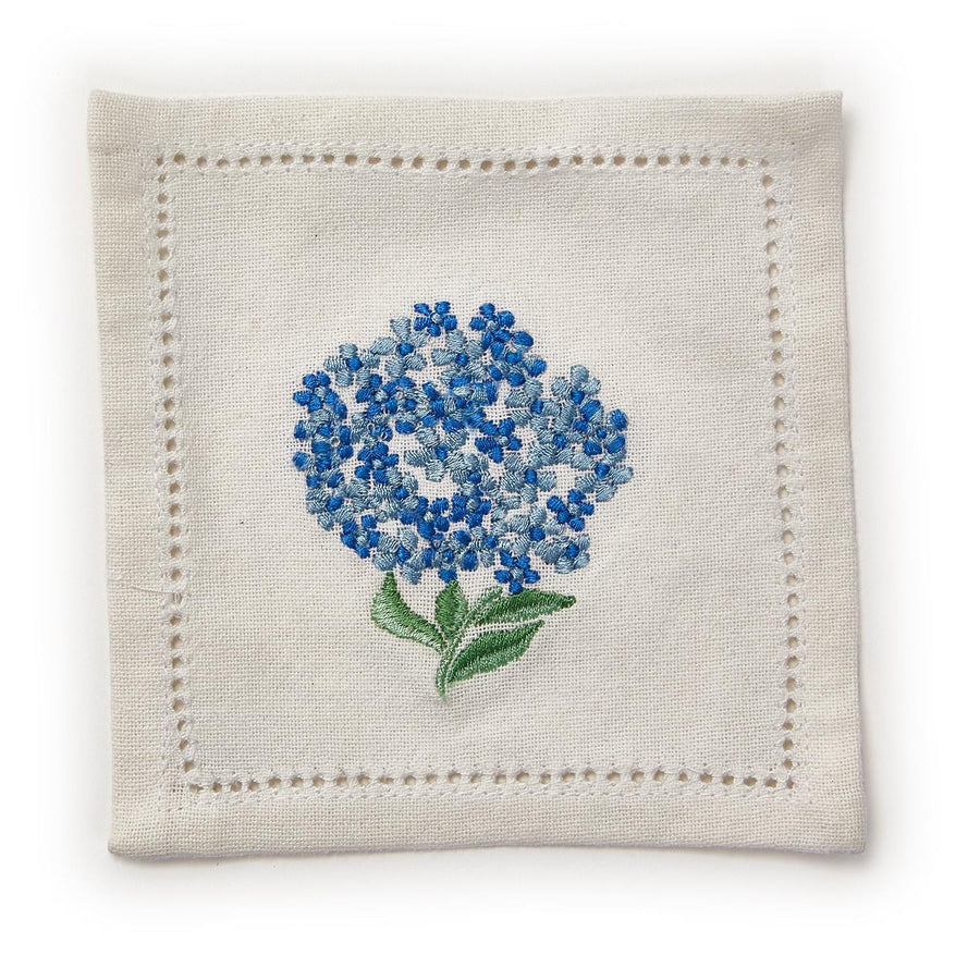Hydrangea Set of 6 Hemstitch Cocktail Napkins with Hand Embroidered Details