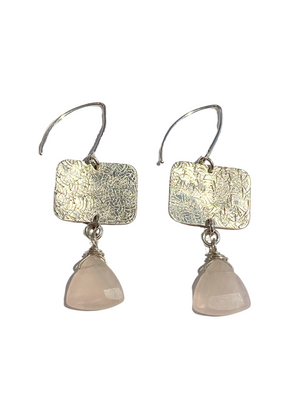 Sterling Silver textured Rectangle with Pink Quartz Drop Earrings