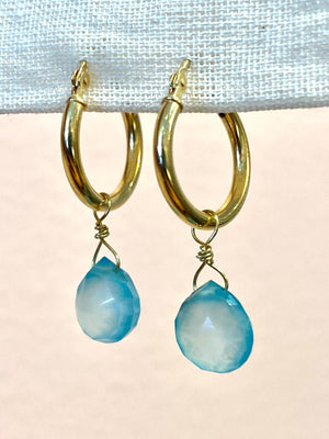 Gold Hoop with Aqua Chalcedony Drop Earrings