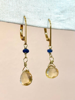 Citrine Earrings with Dark Blue Gemstone Accent